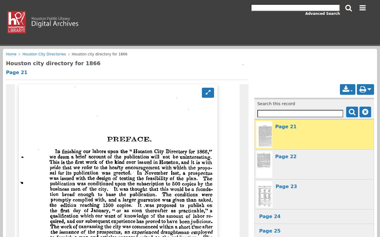 Houston city directory digitized 1866 page in the historical collection