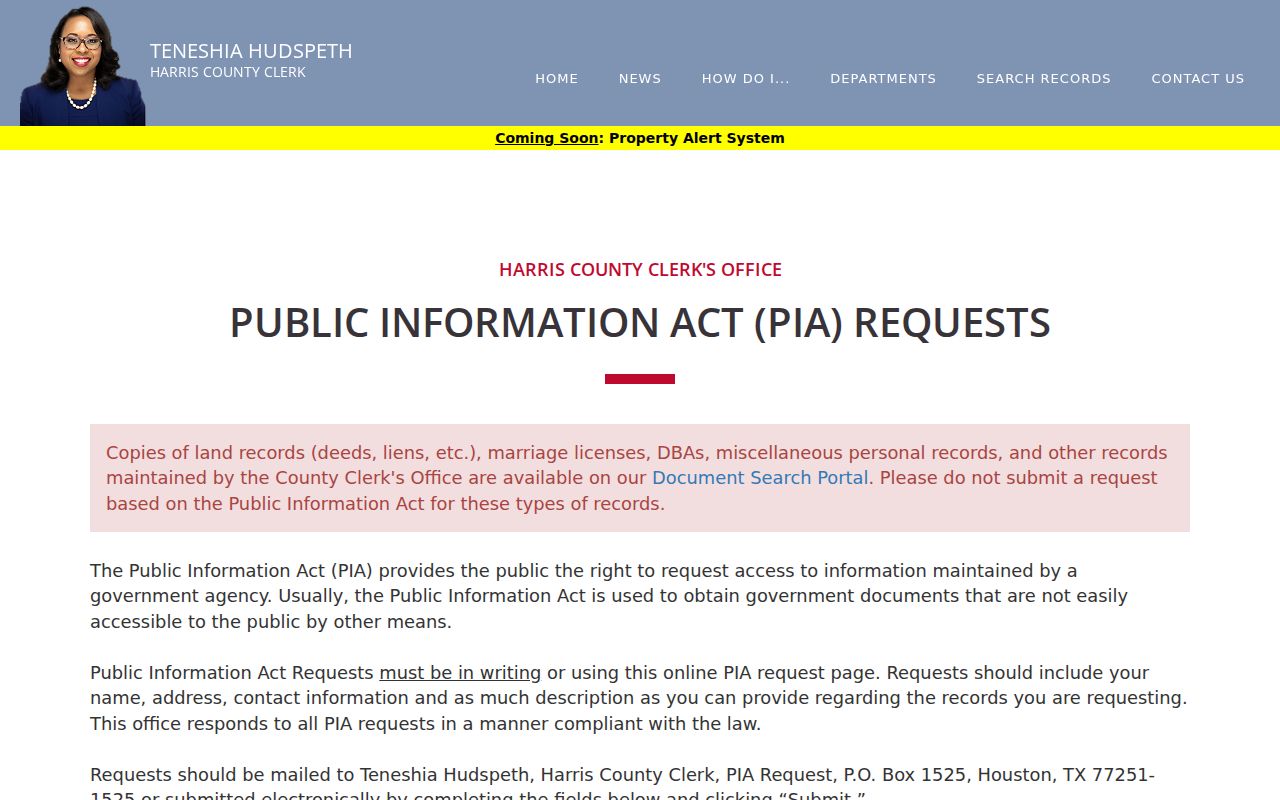 Houston residents directory Harris County Clerk public information request page
