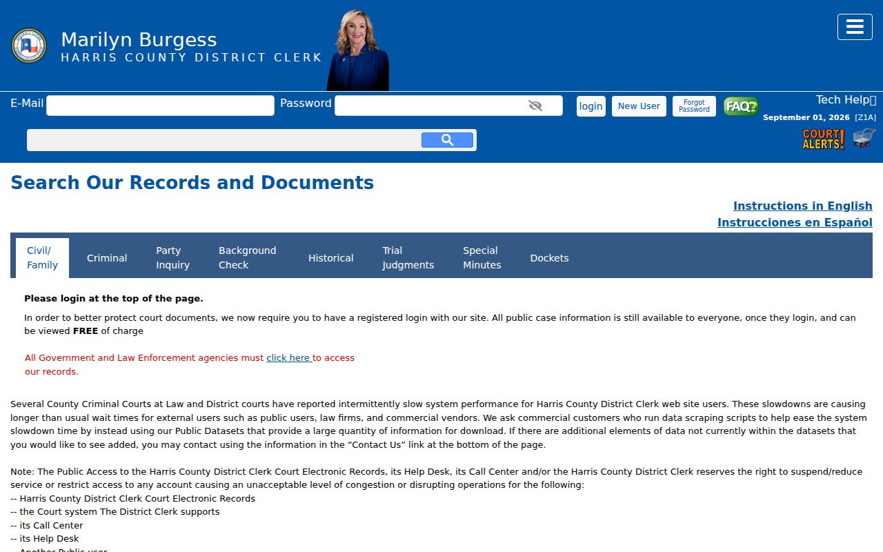 Houston residents directory Harris County District Clerk party inquiry