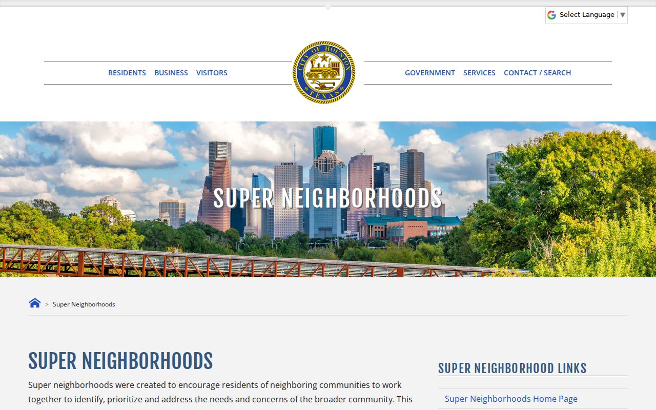 Houston neighbors civic context through the Super Neighborhood program map and information page