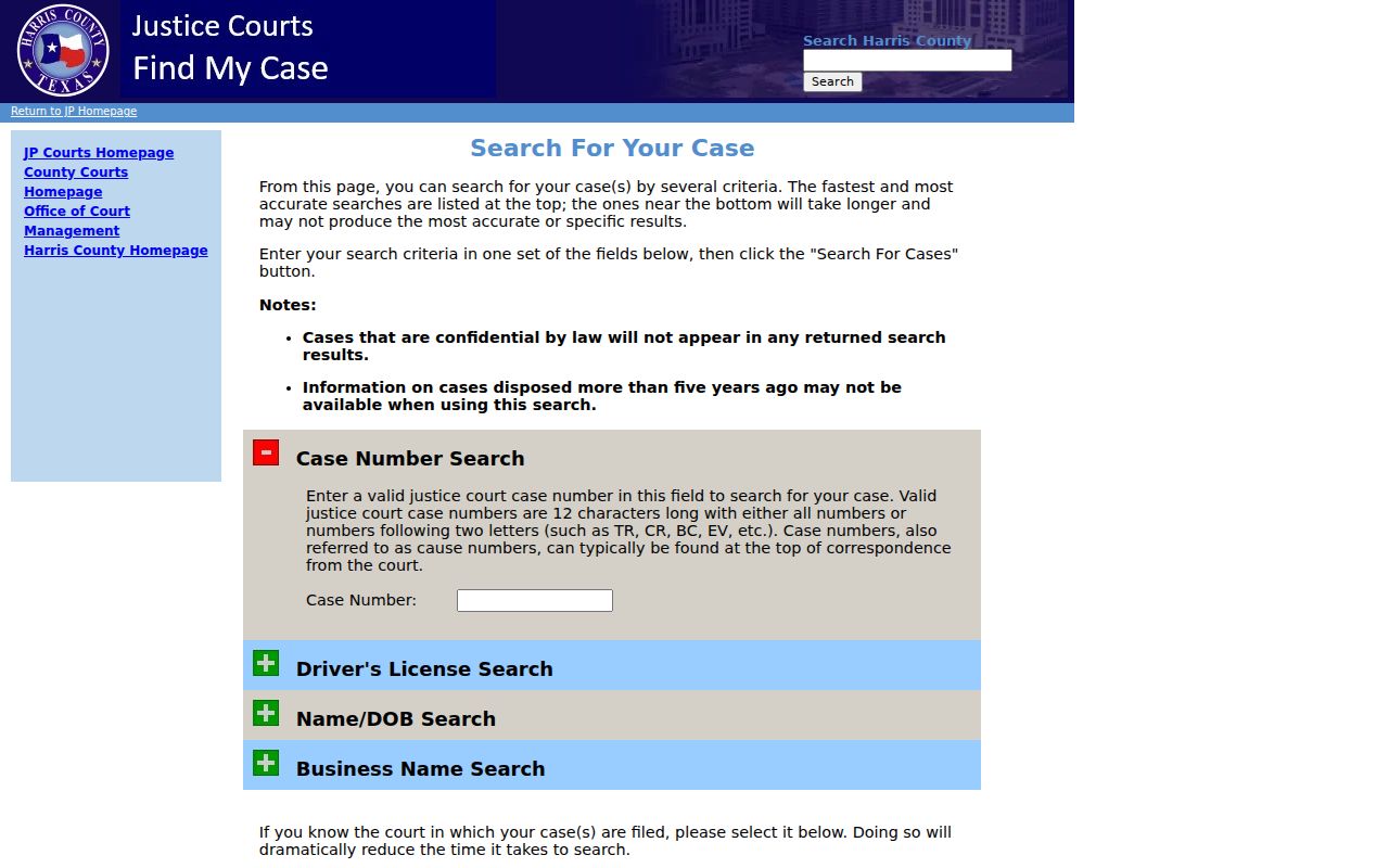 Houston resident lookup through the Harris County Justice of the Peace case-search screen