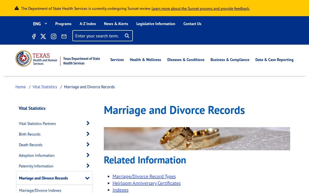 Houston resident records search lead on the Texas vital-record marriage and divorce verification page