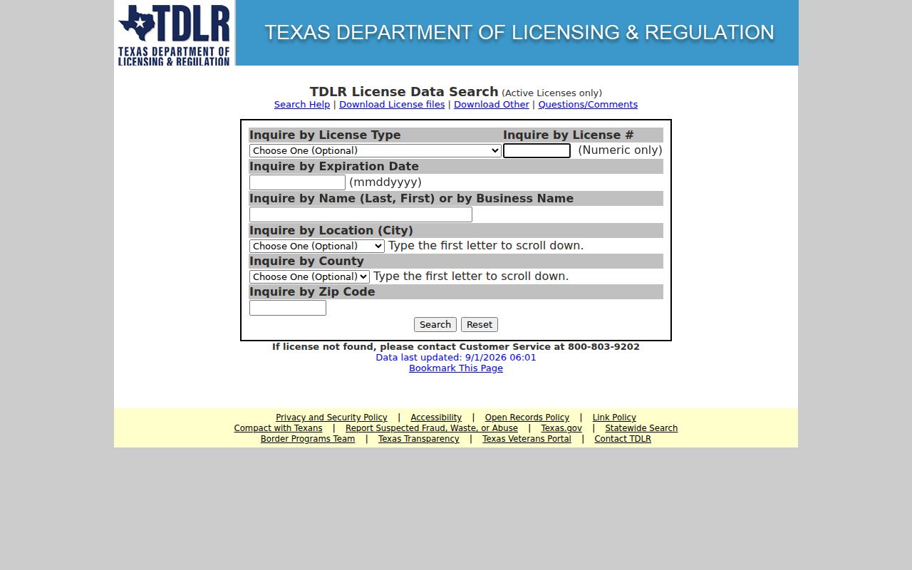 Houston ZIP code directory Texas license search filters
